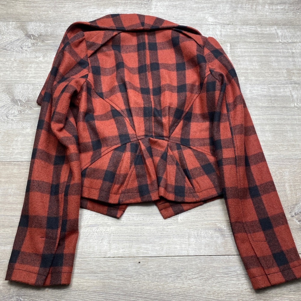 Anthropologie WGACA Jacket Womens M Red Black Buffalo Plaid Moto Peplum Wool Mix